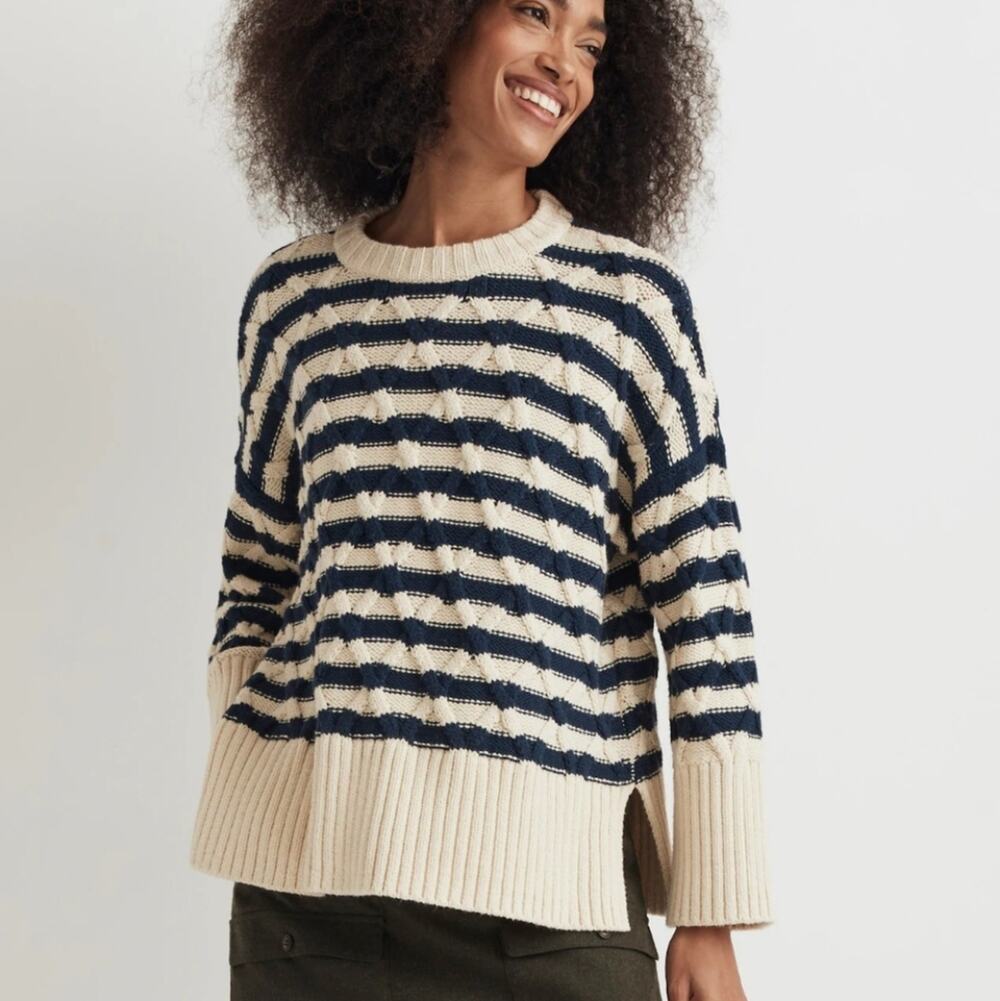NWT Madewell Cable Knit Nautical Ecru Navy Stripe Oversized Sweater XS
